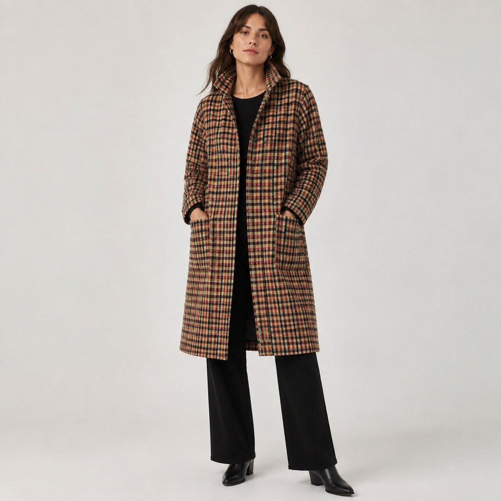 Cliche Plaid Wool Blend Longline Duster Cardigan Women S Tan Rust Funnel Neck